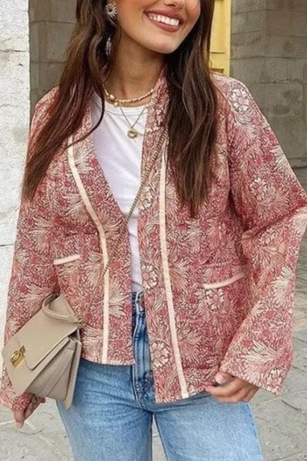 Retro Print Loose V-Neck Cardigan Cotton Jacket