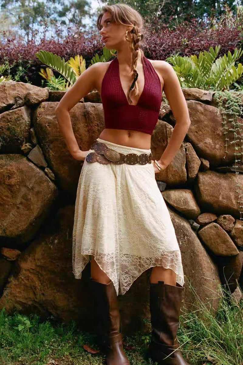 Lace Midi Skirt with Asymmetrical Hem Skirt