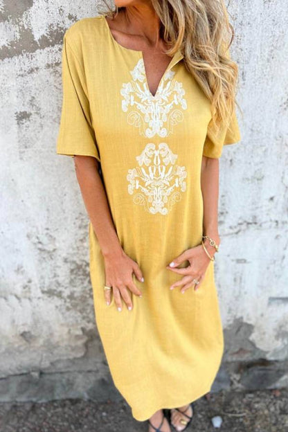 Bohemian Print Linen Loose Midi Dress