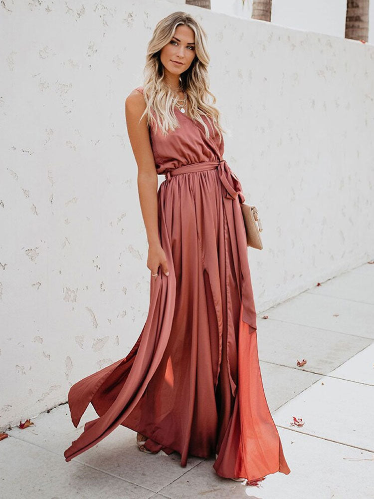 Blush Pink Wrap Maxi Dress for Women - Elegant V Neck High Slit Long Dress - Summer Beach Wedding Guest Wear 2026
