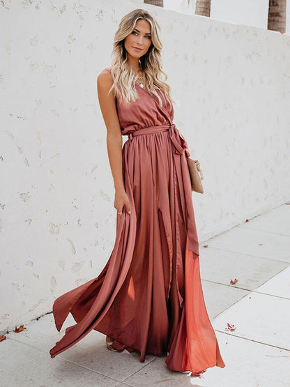 Blush Pink Wrap Maxi Dress for Women - Elegant V Neck High Slit Long Dress - Summer Beach Wedding Guest Wear 2026