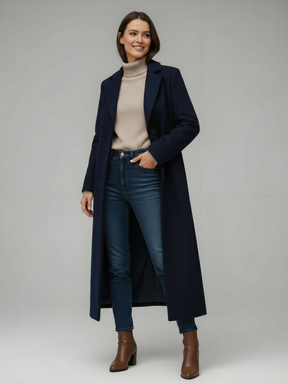 Woolen Long Straight Coat With Single-Breasted And Classic Notch Lapel For Women 2026