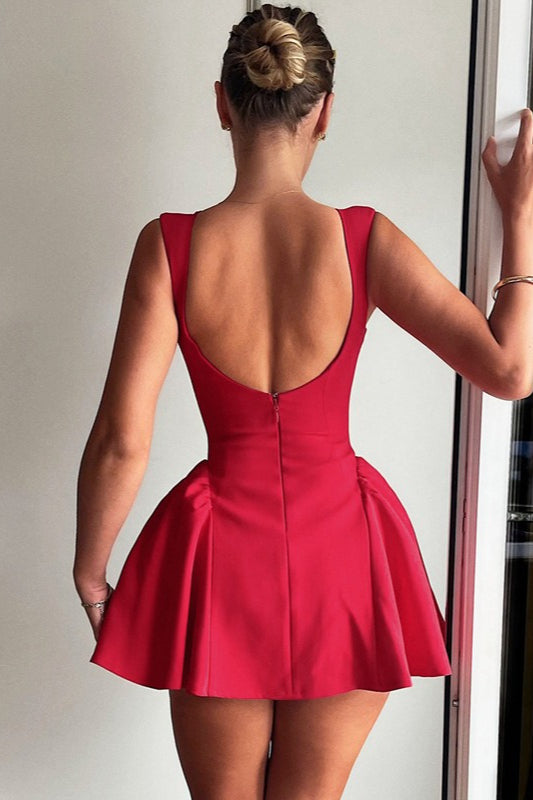 Boat Neck Sleeveless Princess Seam Gathered Hip Fit-and-Flare Mini Dress