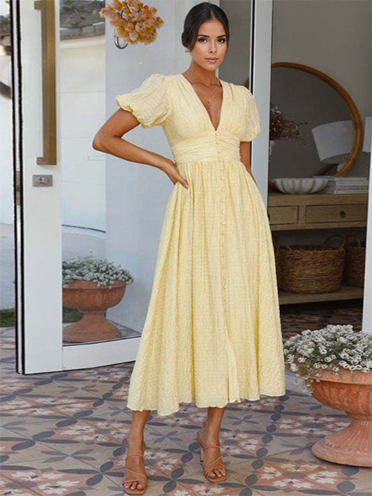 Butter Yellow Sundress Plunge Puff Sleeves Casual Summer Maxi Dress 2026