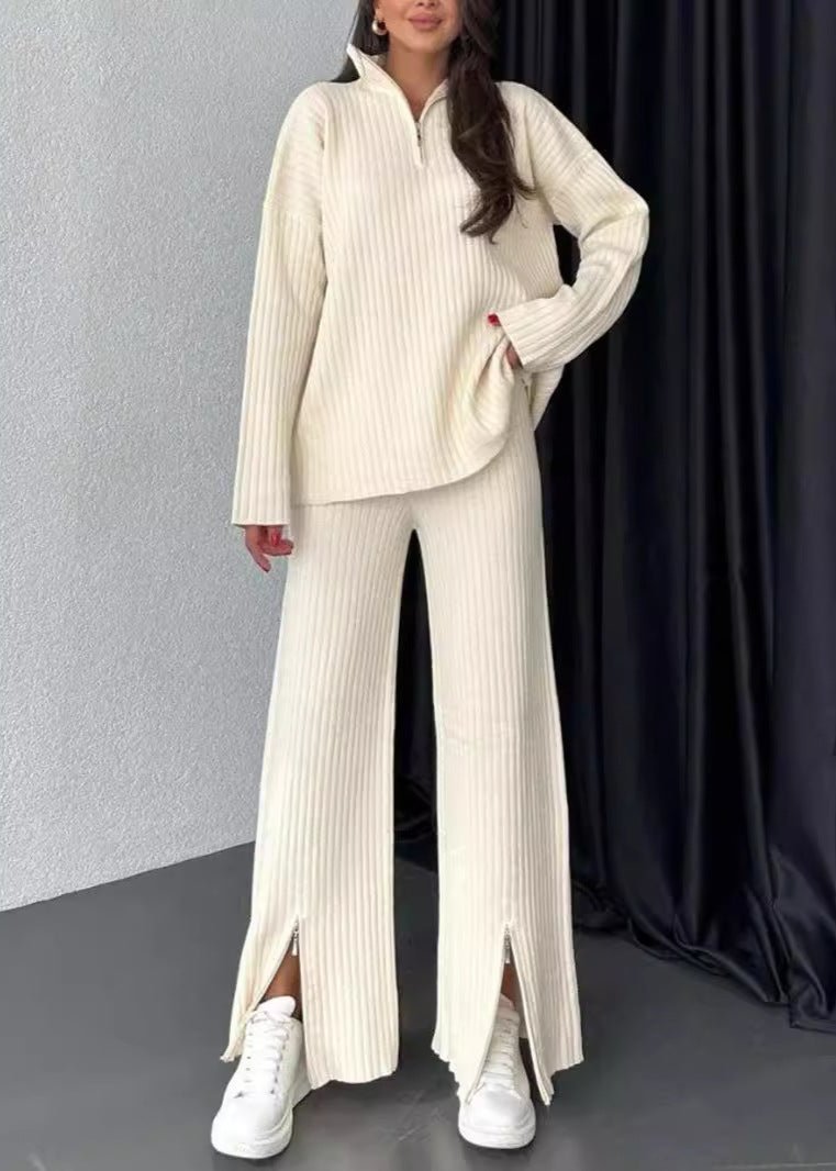 Cozy Ribbed High-Neck Knitted Two-Piece Lounge Set