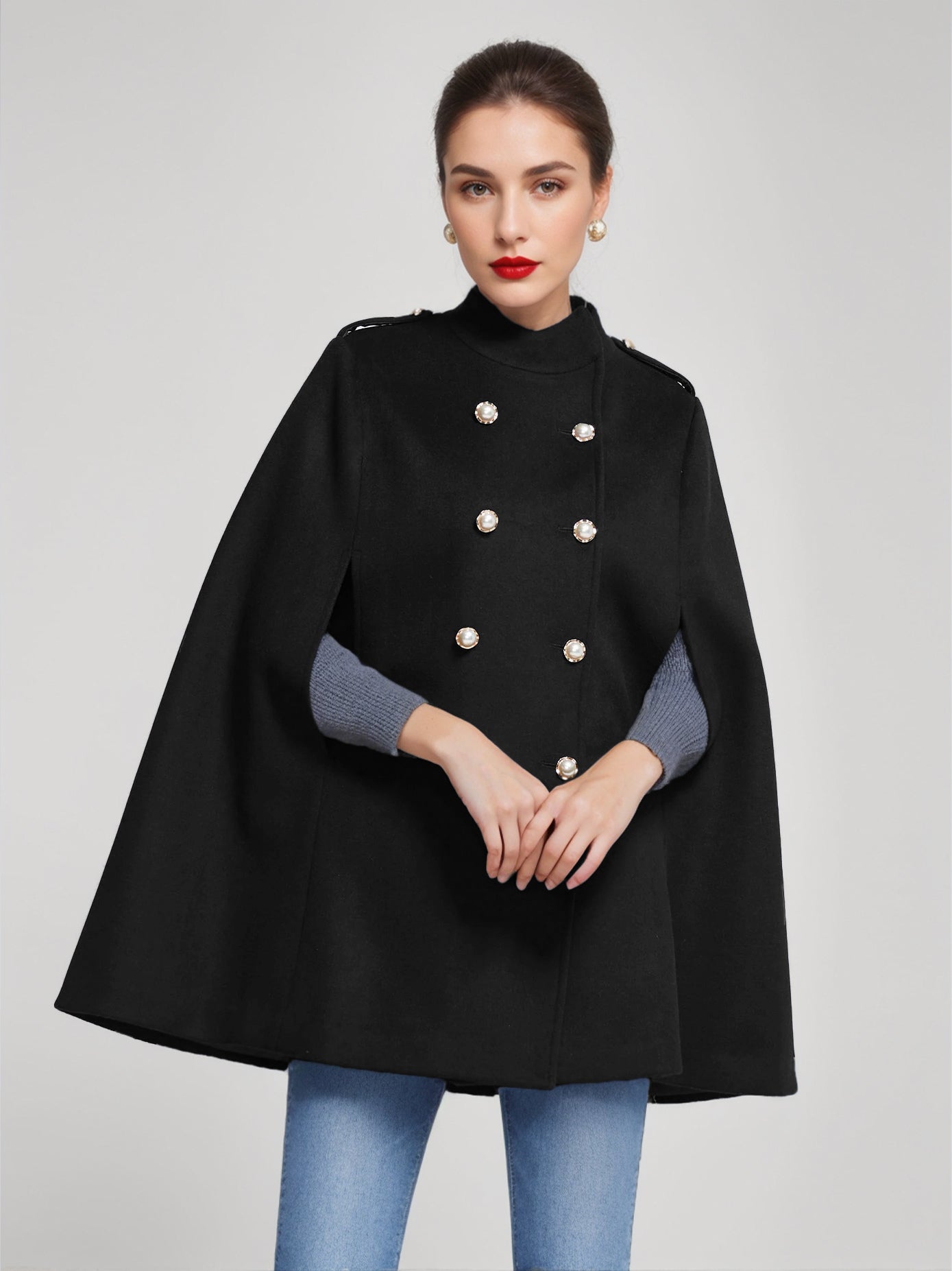Woolen Cape Coat For Women Stand Collar Dark Navy Double-breasted Winter Poncho Outerwear 2026