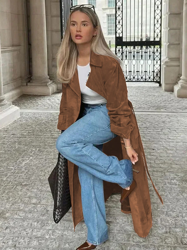 Trench Coat For Women Double-Breasted Old Money Style Classic Lapel Long Sleeves Oversized Spring Long Outerwear 2026
