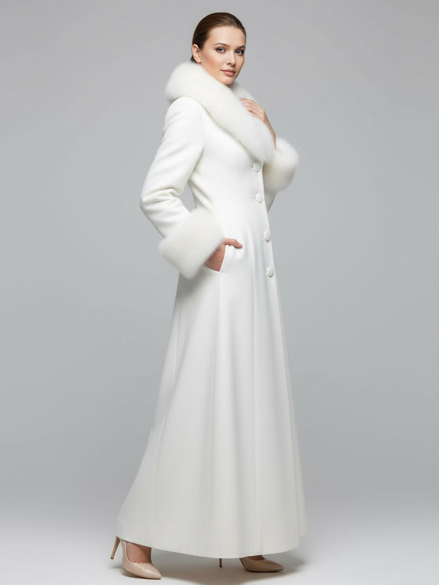 Maxi White Woolen Coat with Faux Fur Collar And Cuffs For Women 2026