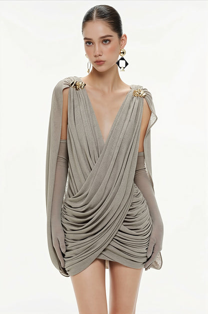 Deep V-Neck Ruched Draped Shoulder Hardware Cape Detail Mini Dress
