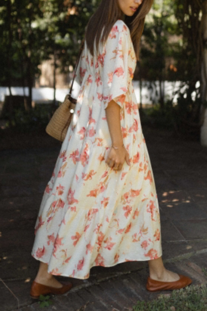 Fashion V-neck Loose Printed Long Dress