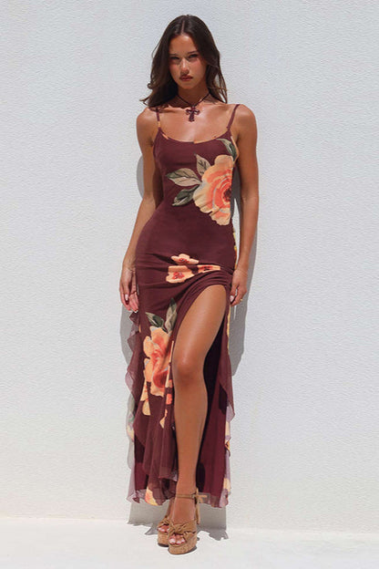 Floral Mesh Tie Split Bodycon Cami Party Dress