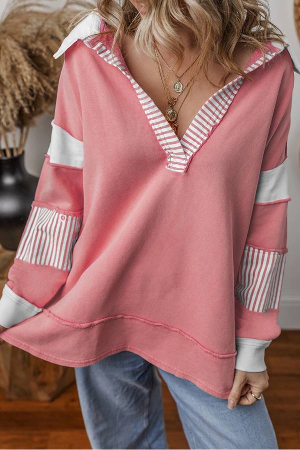 Light French Beige Striped Patchwork Collar Sweatshirt