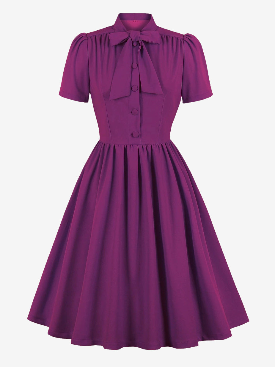 Vintage 1950s Midi Swing Tea Dress for Women - Bow Neck Short Sleeve Fit and Flare Rockabilly Gown - Garden Party 2026