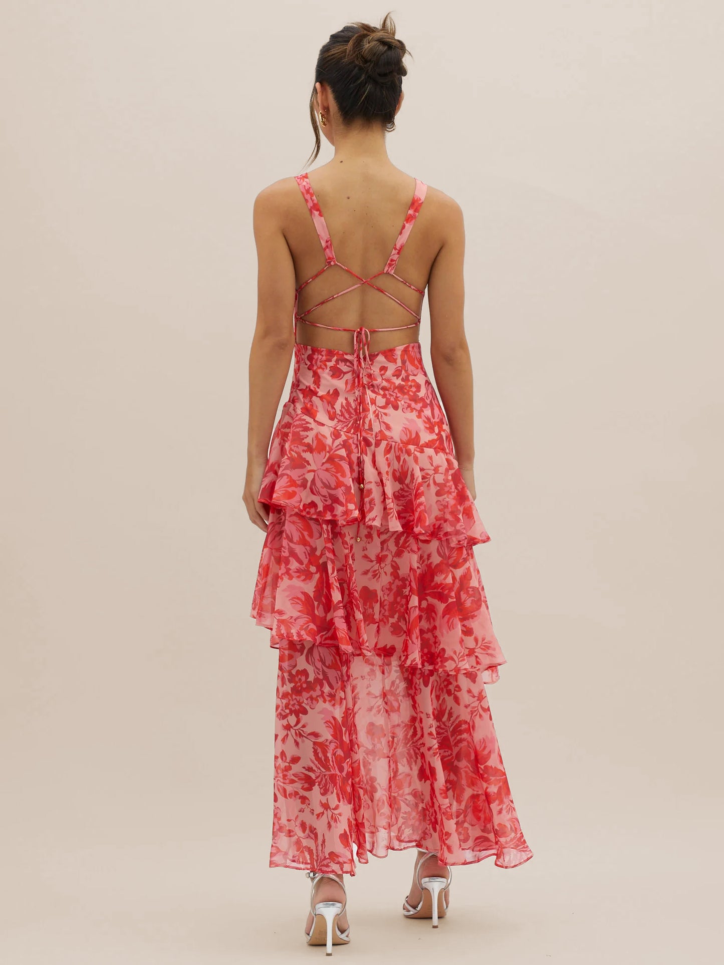 Floral Printed Layered Ruffle Long Dress With Deep V-Neck And Open Back 2026