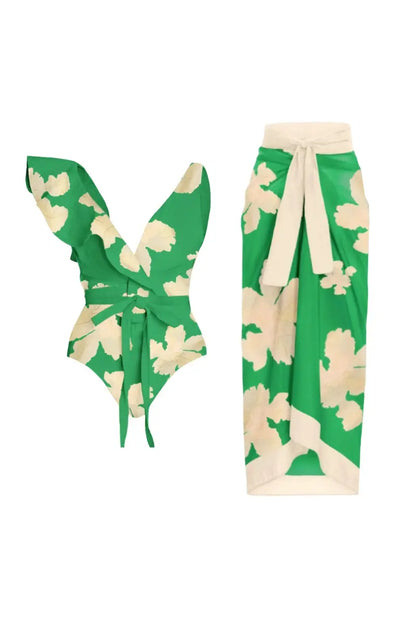 Belted Printed Swimsuits with Wrap Skirt Set