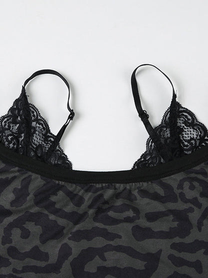 Black Lace Leopard Print Fake Two Piece Tee