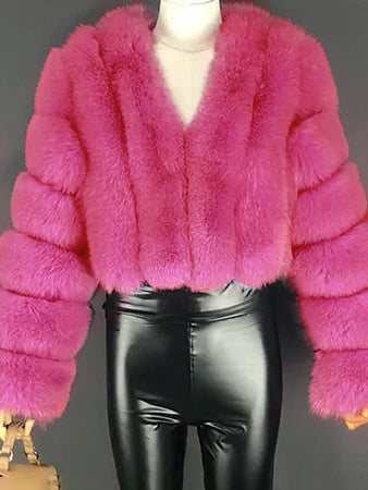 Faux Fur Coat V-Neck Long Sleeves Winter Eco-friendly Fur Crop Jacket For Women 2026