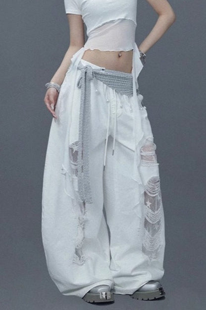 Ripped Lace Patchwork Relaxed Jeans