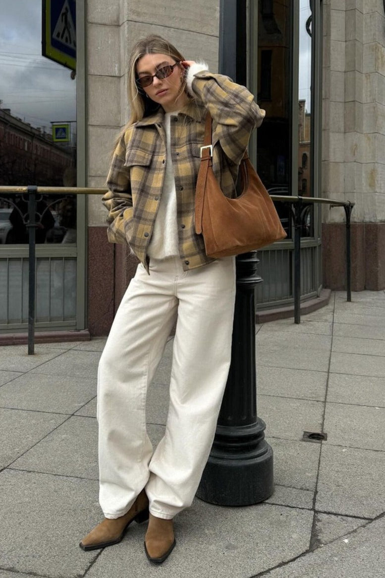 Loose Fit Plaid Wool Coat Jacket