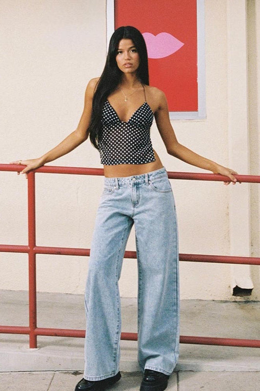 Polka Dot Backless Halter Crop Top