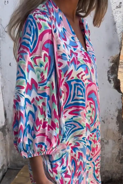 Printed V-neck Pullover Long-sleeved Loose Dress