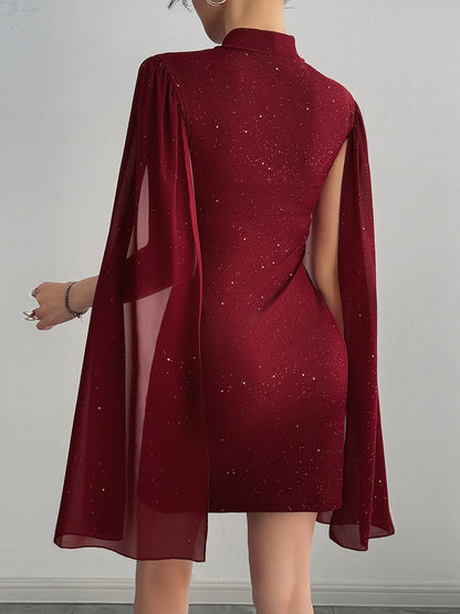Mock Neck Sheer Cape Sleeve Glitter Ribbed Knit Bodycon Mini Dress
