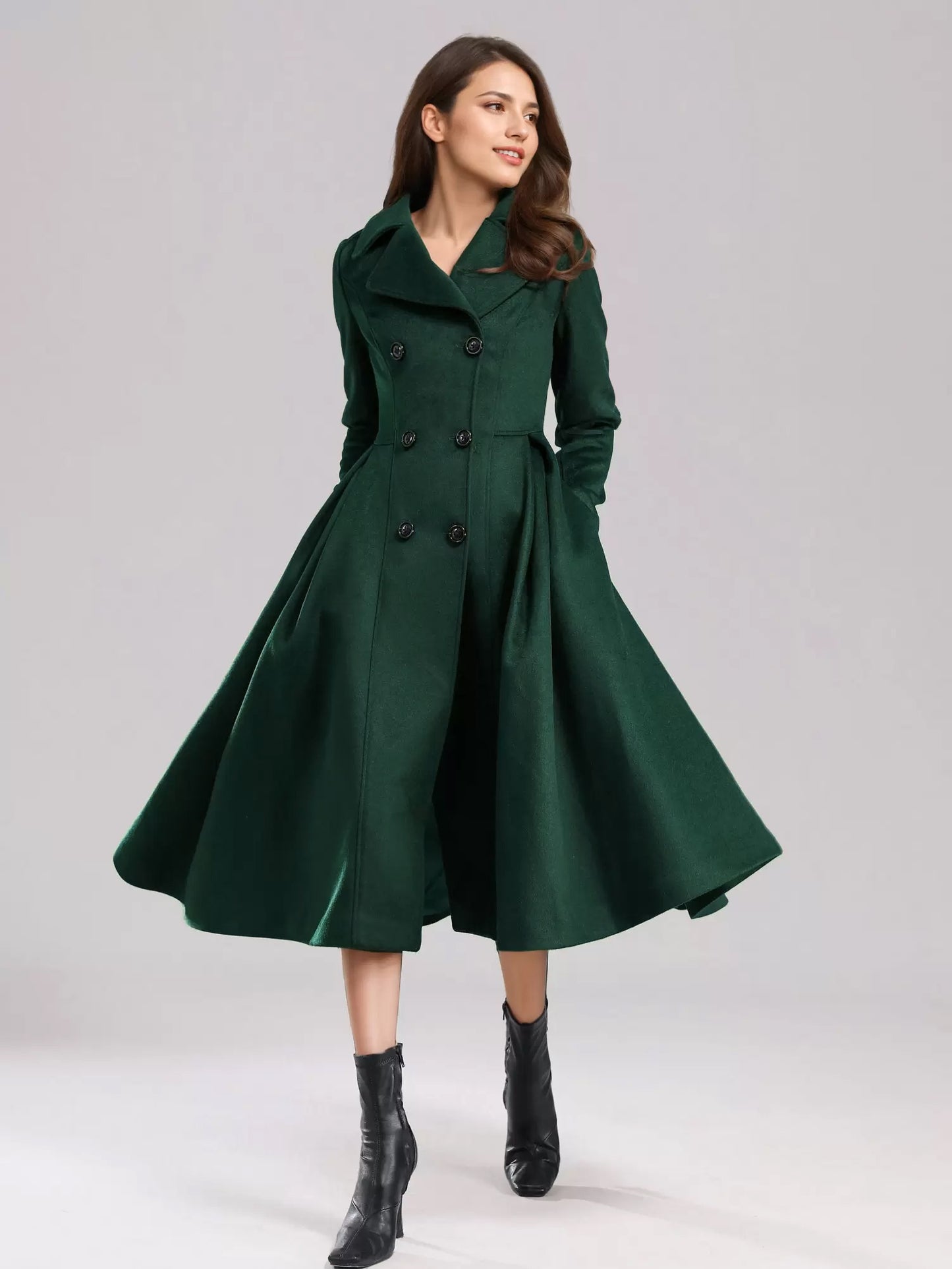 Green Woolen Flared Coat Double-breasted Wide Lapel Winter A-line Midi Outerwear 2026