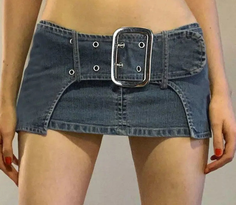 Vintage Metal Buckle Denim Skirt