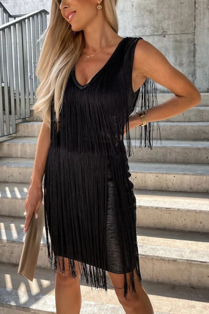 V-neck tassel sleeveless mini dress