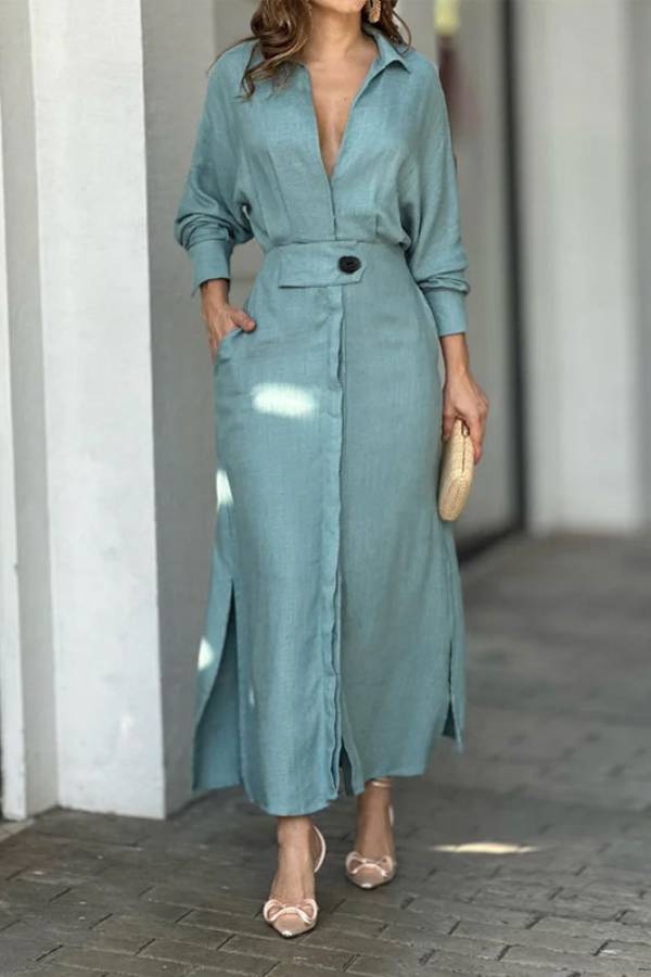 Full-Sleeve V Neck Belt Button Pocket Midi Dress