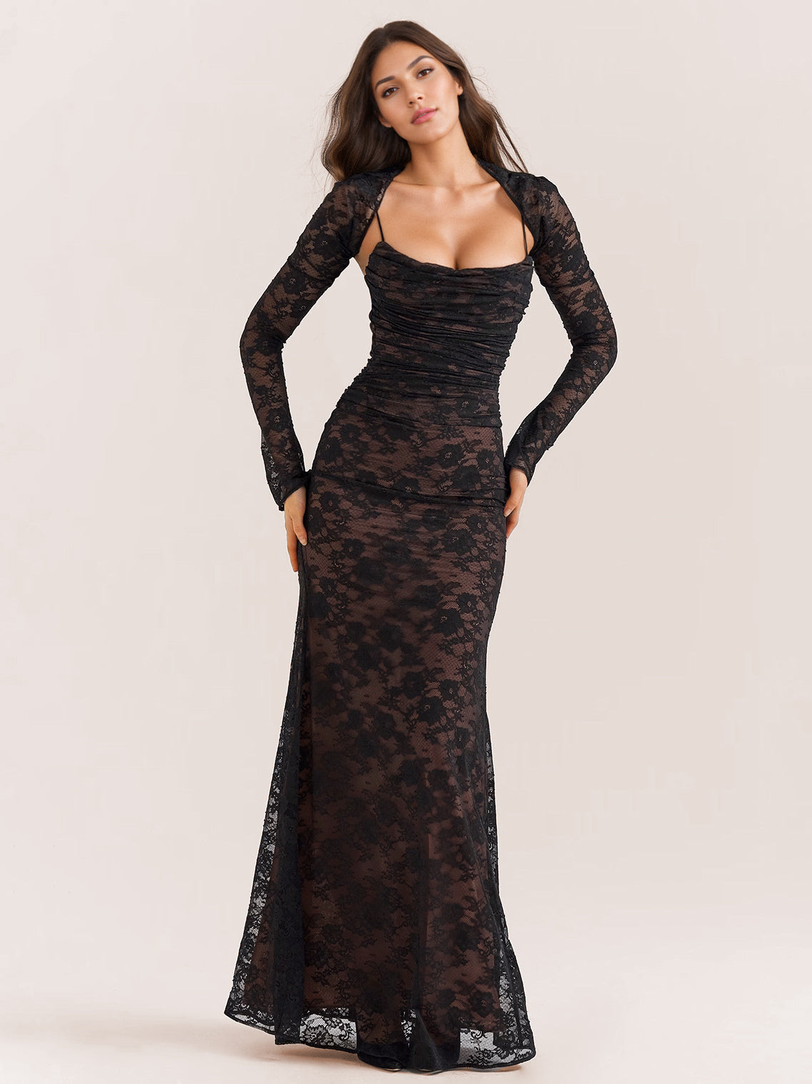 Trumpet Dress Lace-up Cutout Floral Embroidery Long Sleeves Prom Dresses