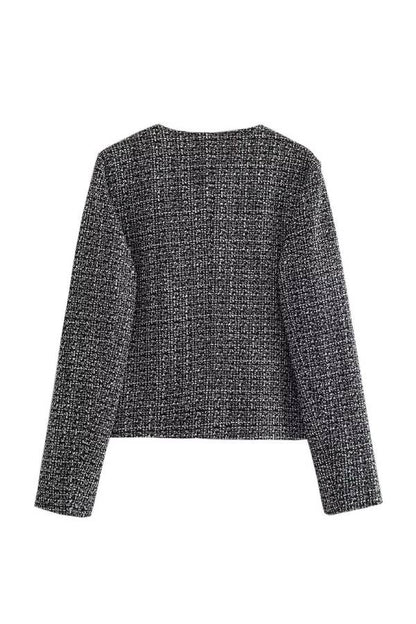 Round Neck Slim Fit Colorblock Women's Button Jacket