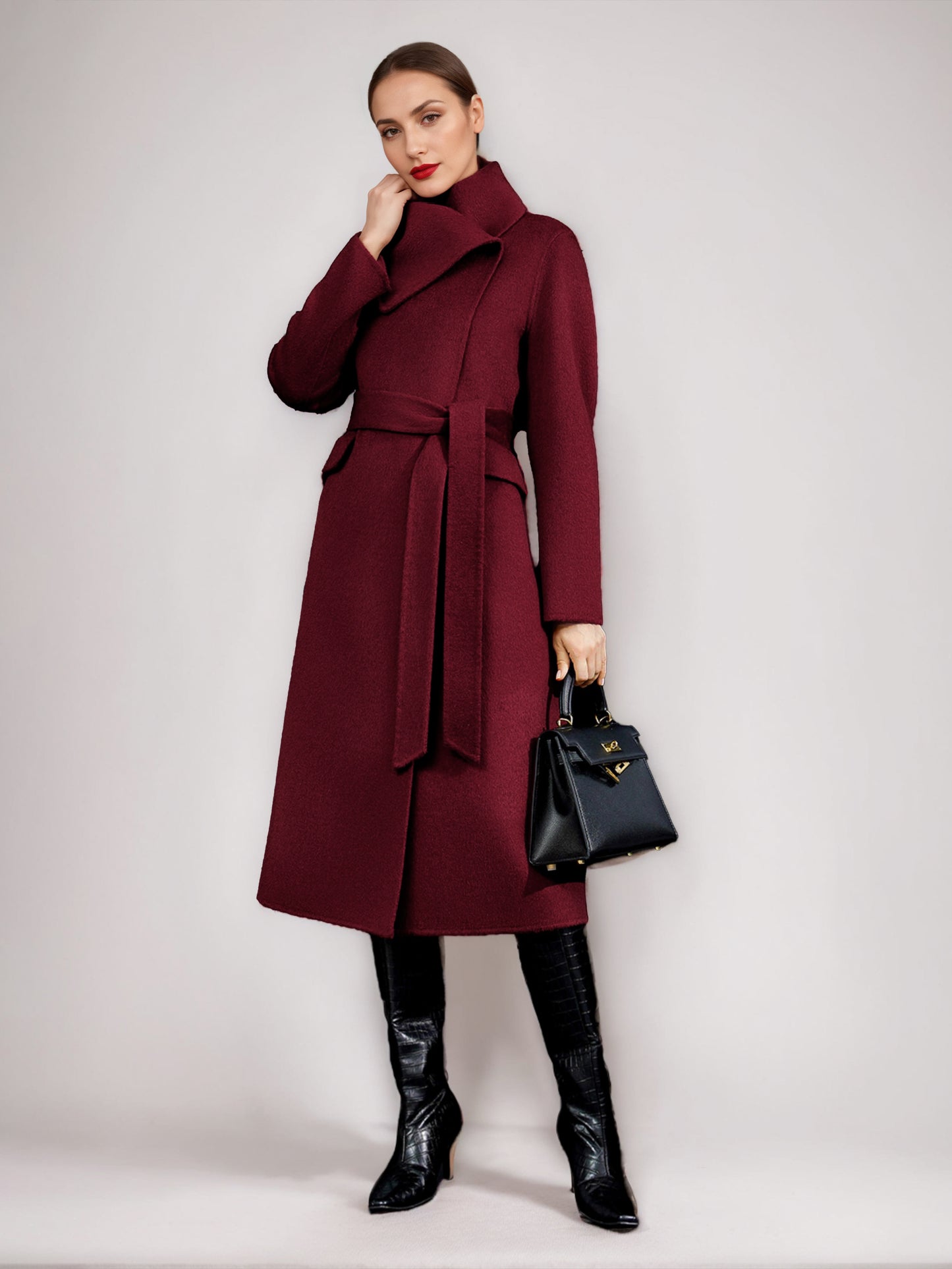 Wool Cashmere Blend Coat For Woman Winter Red Belted Double-Faced Wrap Outerwear 2026