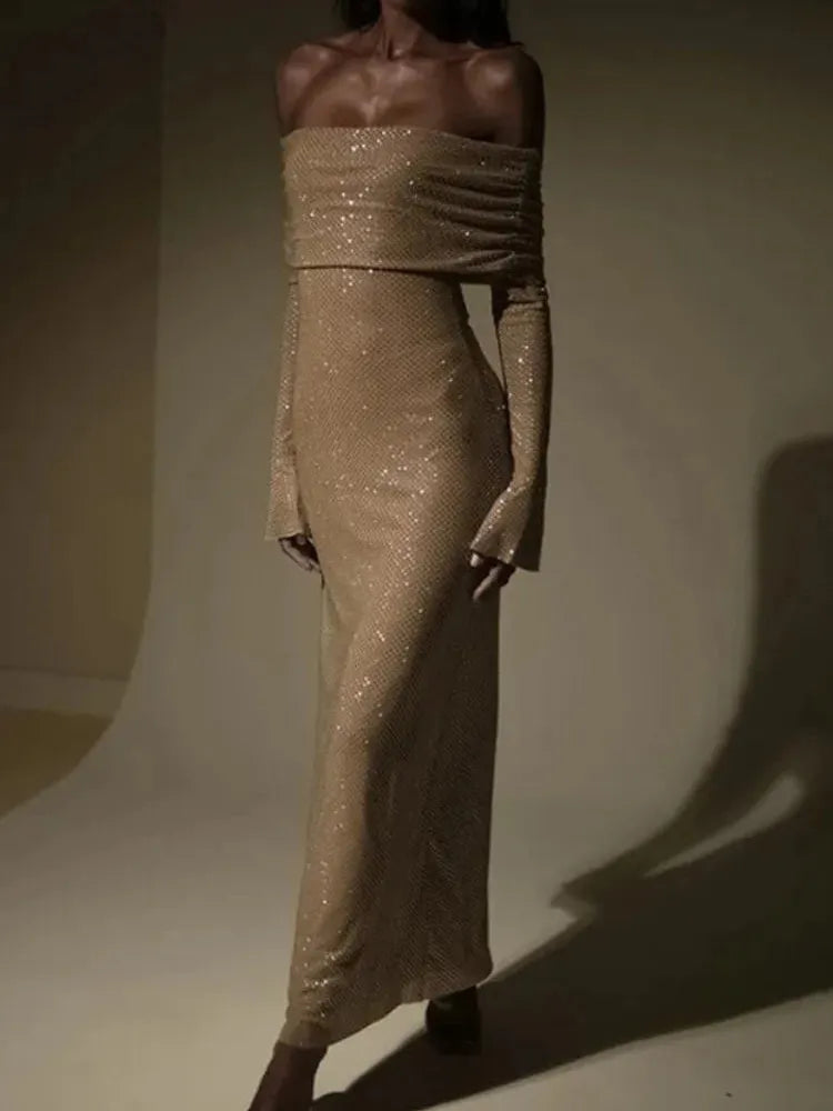 Off Shoulder Strapless Sparkle Backless Long Flare Maxi Dress