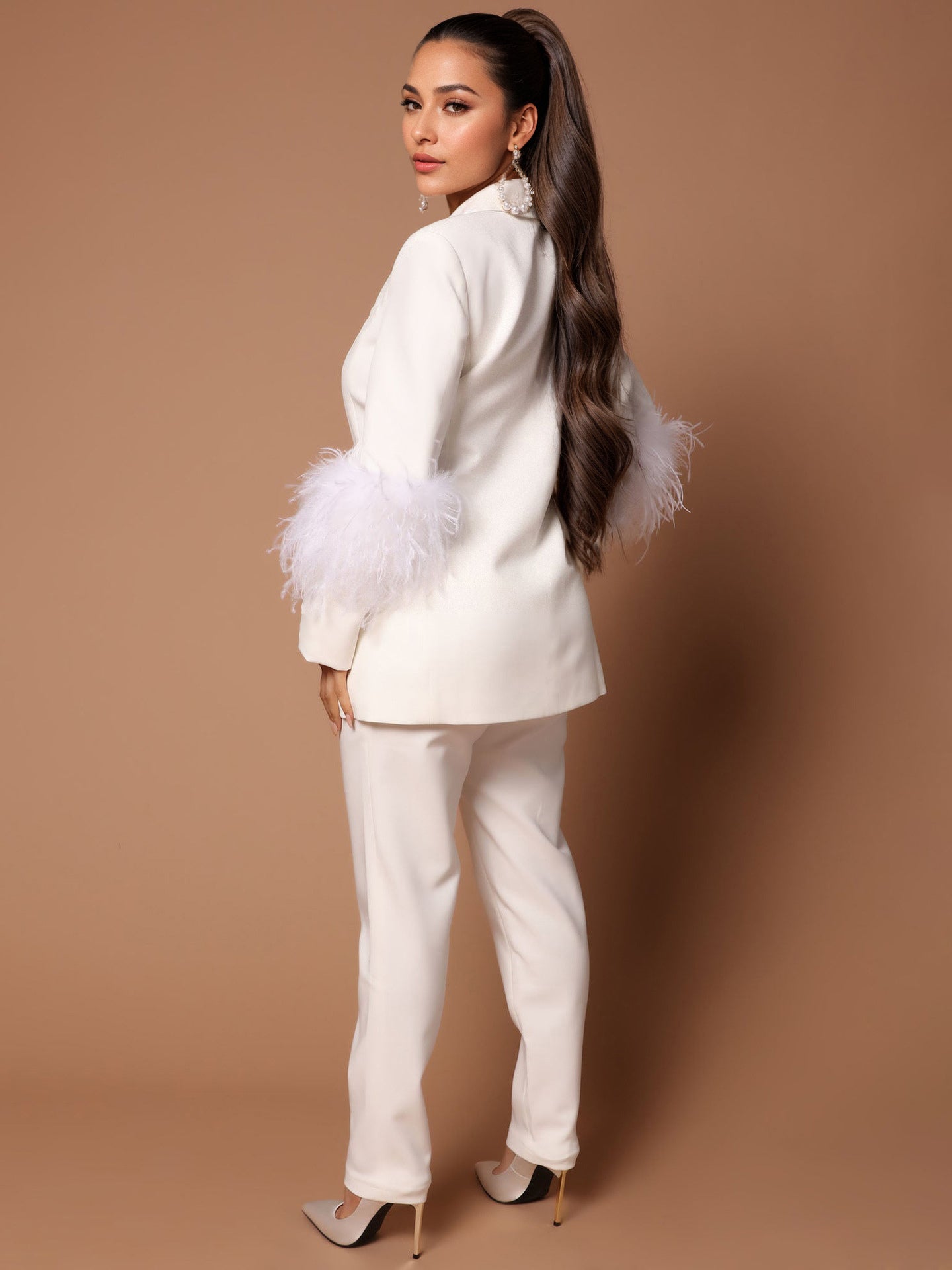 Pant Set Lapel Deep V-Neck Feathers Sexy Women Suits