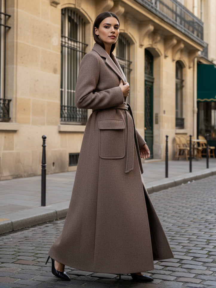 Belted Full Length Maxi Woolen Coat With Lapel And Big Pockets For Women 2026