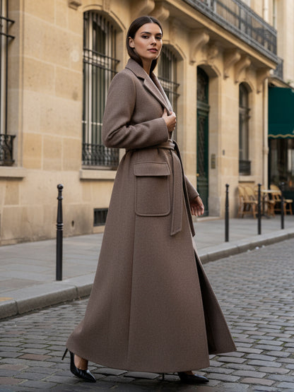 Belted Full Length Maxi Woolen Coat With Lapel And Big Pockets For Women 2026