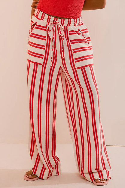 Beach Style Striped Drawstring Wide Leg Pants