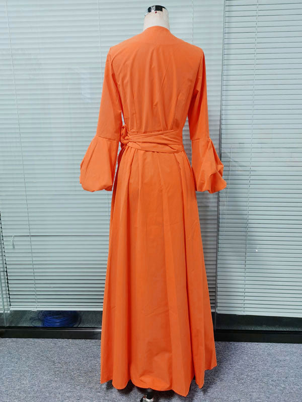 Women Orange Maxi Dresses Long Sleeves V-Neck Sash Layered Long Dress
