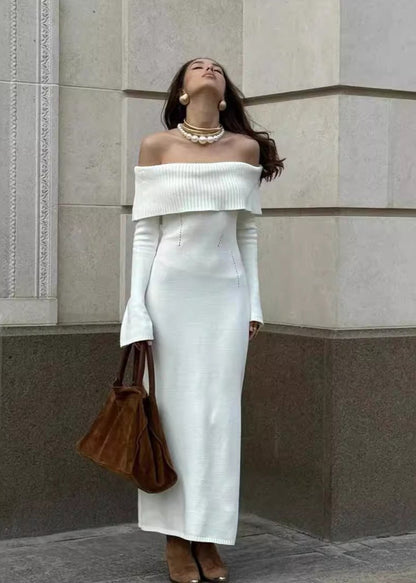 Off-Shoulder Elegance - Ribbed Knit Maxi Dress