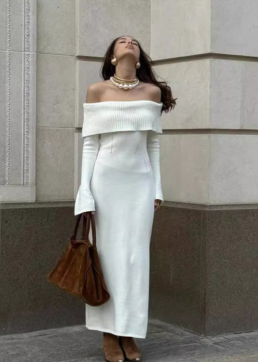 Off-Shoulder Elegance - Ribbed Knit Maxi Dress