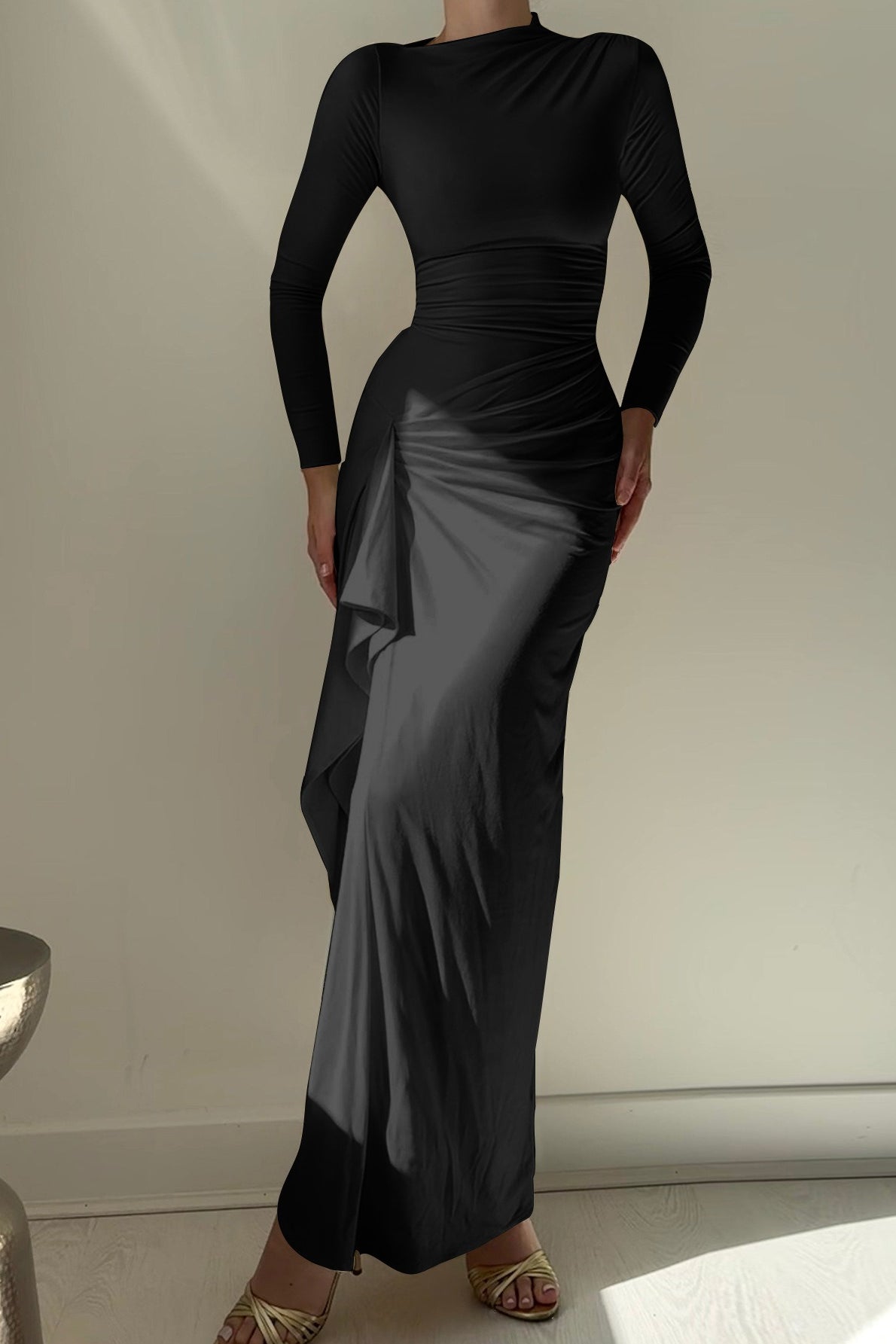Slim Fit Pleated Long Sleeve Maxi Dress