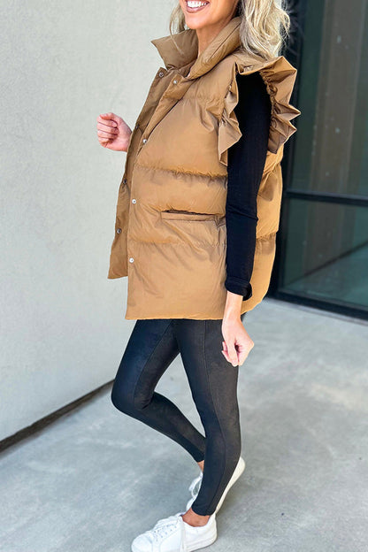 Casual stand-up collar, buttoned double pockets, flying ruffled sleeves vest