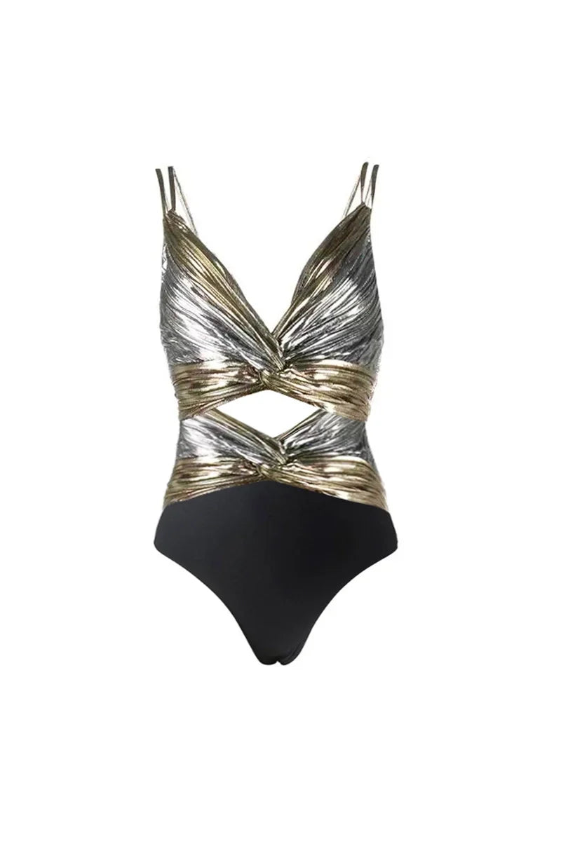 Cutout Silver Patchwork One-Piece with Skirt