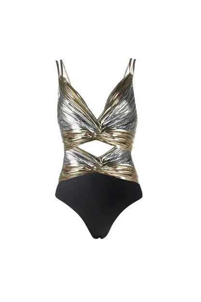 Cutout Silver Patchwork One-Piece with Skirt