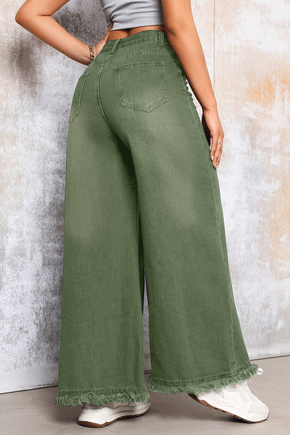 Stylish Loose-fitting Frayed Hem Casual Pocket Wide-leg Jeans