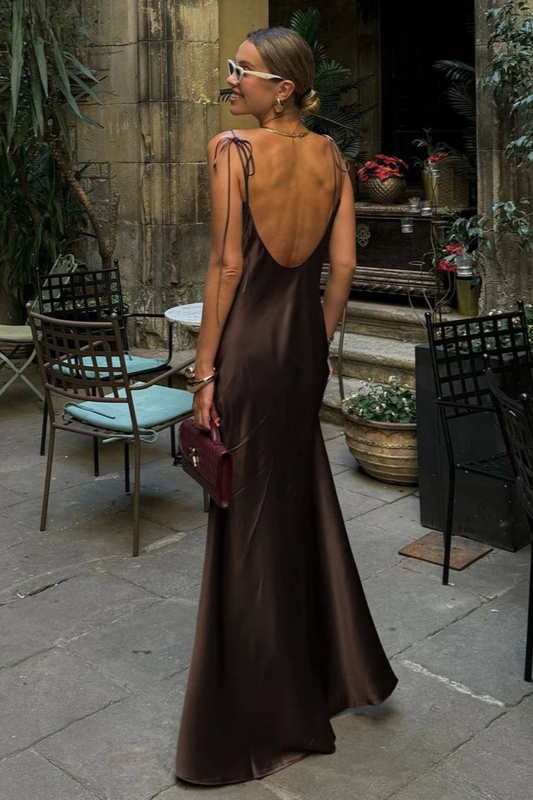 Bow Tie Spaghetti Strap V-Neck Relaxed Satin Slip Midi Dress