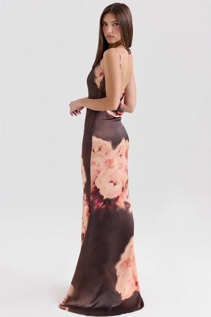 Floral Spaghetti Strap V-Neck Backless Waist Tie Maxi Dress