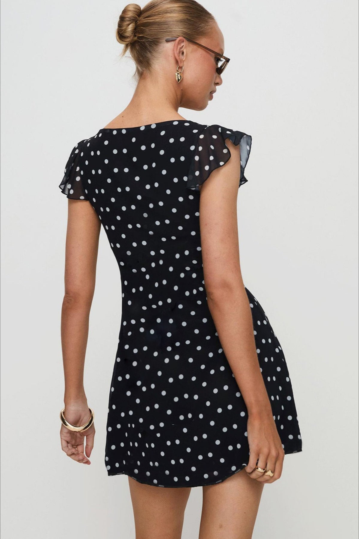 Polka Dot V Neck Ruffle Trim Flutter Sleeve Mini Dress