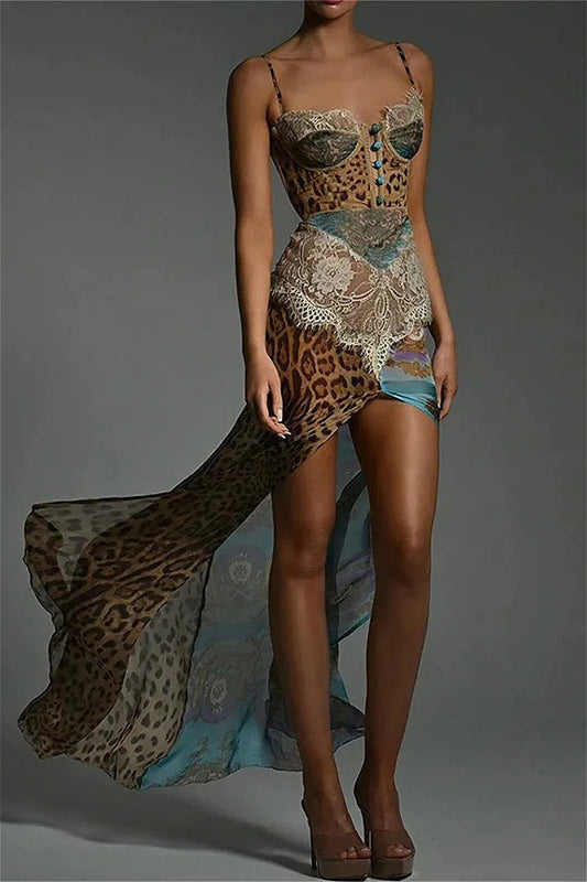 Leopard Printed Patchwork Lace Floral Dress